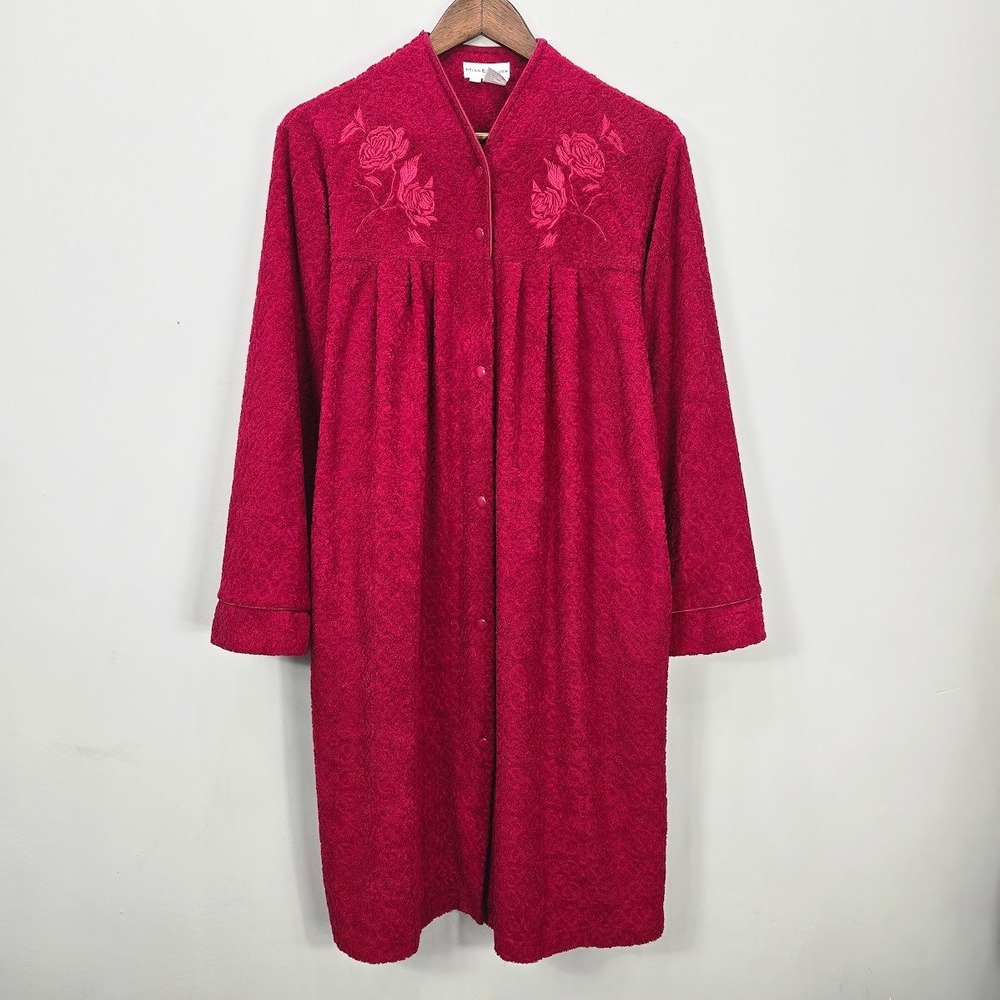 Vintage Miss Elaine House Dress S Red Floral Terry‎ Textured Embroidered Muumuu